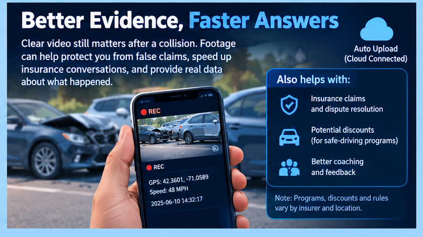 Dash cam footage on a phone after a car collision with GPS, speed and timestamp data, helping with insurance claims and dispute resolution