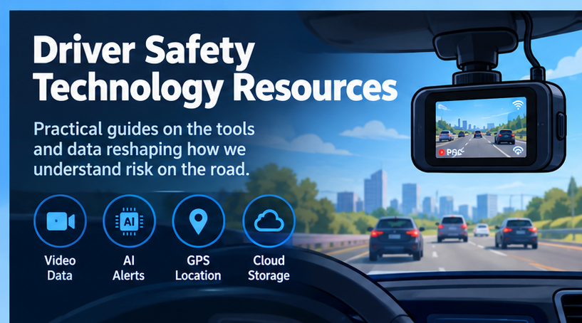 Driver safety technology resources: video data, AI alerts, GPS location, and cloud storage from a windshield dash cam