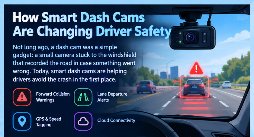 How smart dash cams are changing driver safety: a windshield dash cam with forward collision warnings, lane departure alerts, GPS and speed tagging, and cloud connectivity