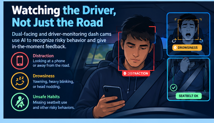 Driver-monitoring dash cam using AI to detect driver distraction from a phone, drowsiness and yawning, and seatbelt use